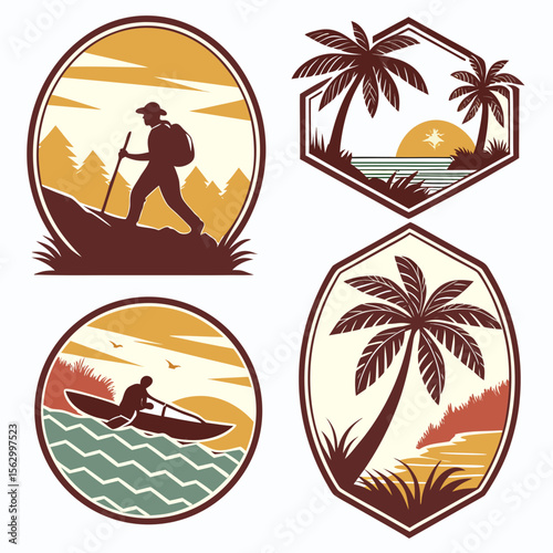 Vintage outdoor adventure emblems featuring hiking kayaking and tropical scenes