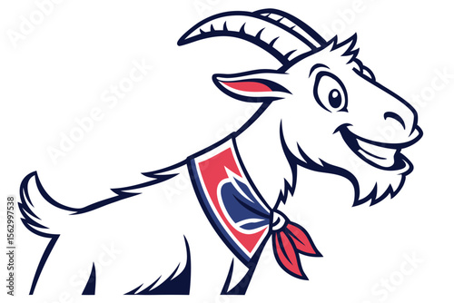 Cartoon goat mascot smiles wearing a neckerchief, its fur white with dark blue accents
