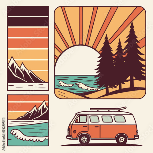 Retro van life adventure with mountain and ocean sunset scenes