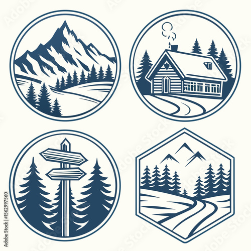 Collection of vintage outdoor adventure emblems featuring mountains cabin and signpost