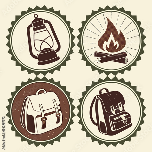 Vintage camping icons featuring lantern campfire and backpacks in circular badges