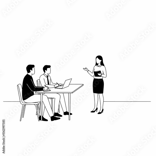 A woman presents to two seated men at a table with a laptop, in a minimalist line drawing style.