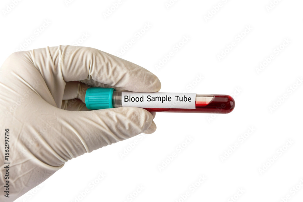 Fototapeta premium Gloved hand holding blood sample tube with red liquid isolated on transparent background