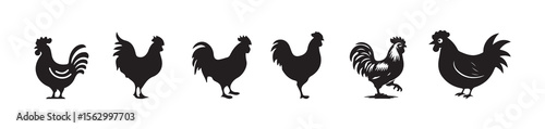 Black Vector Rooster and Hen Illustrations for Rural Themes
