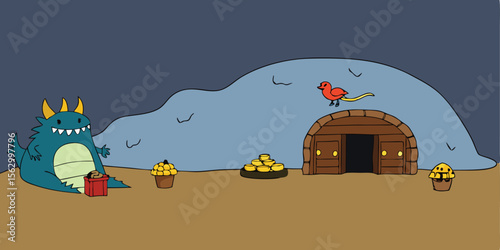 A retro cartoon illustration of a house on a hill in the woods with a car on the road, perfect for a summer family trip