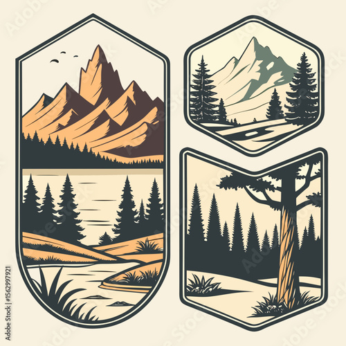 Vintage mountain lake and forest landscape emblem collection