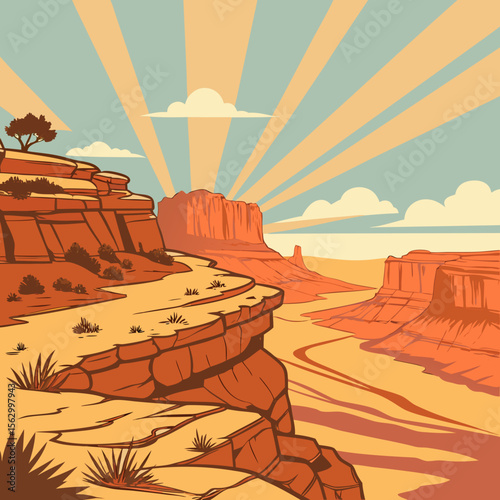 Stylized desert canyon landscape with dramatic sun rays and mesa formations