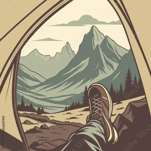 View of majestic mountains from inside a tent with a hiker s boot in the foreground