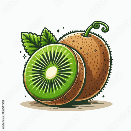 Digital illustration of a kiwi fruit, sliced in half, showcasing a vibrant color palette and graphic design elements.