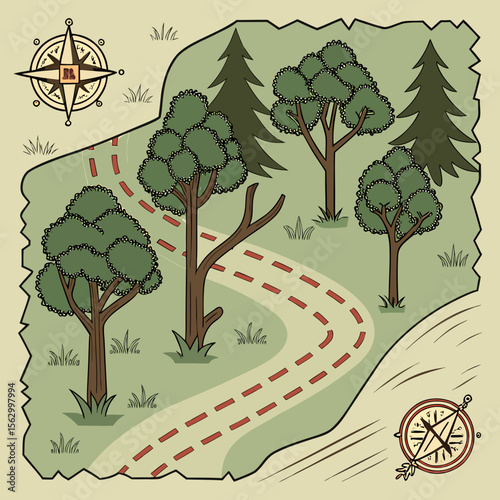 Illustrated treasure map with compasses trees and a winding path through a forest