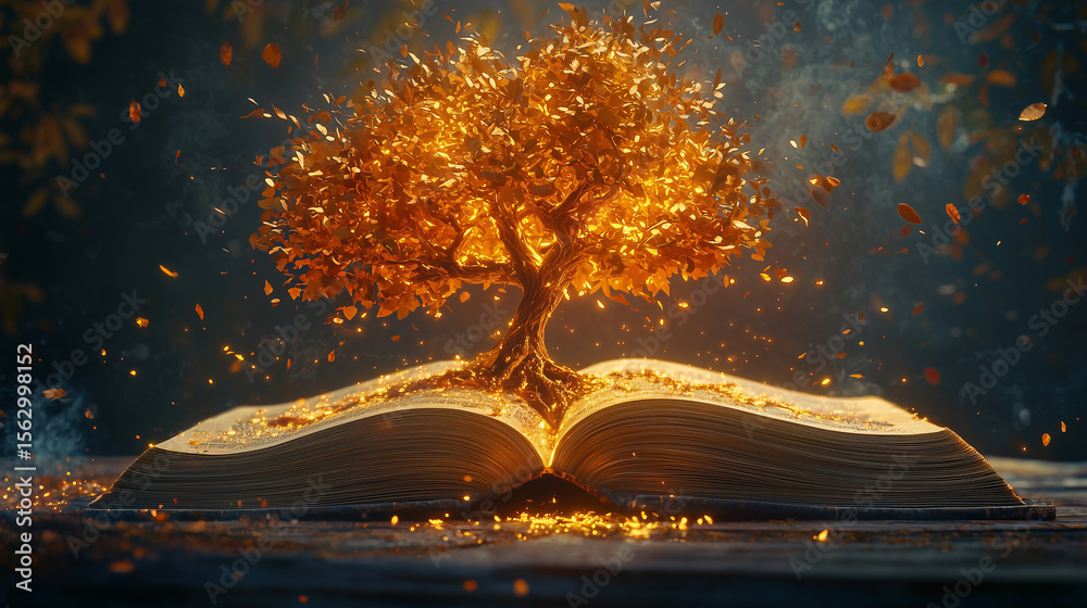 Obraz premium Golden tree growing from an open book in a mystical setting with autumn leaves