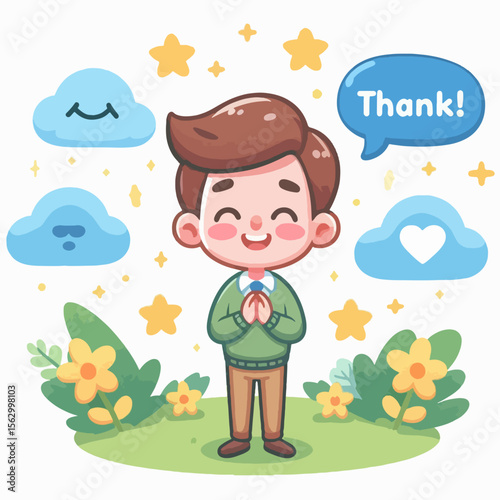 Cartoon drawing of a young boy, appearing happy and expressing gratitude, surrounded by decorative elements.