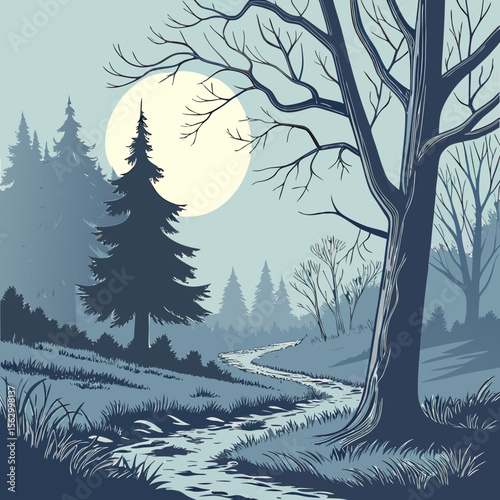 Serene winter forest landscape with a winding stream under a pale moon
