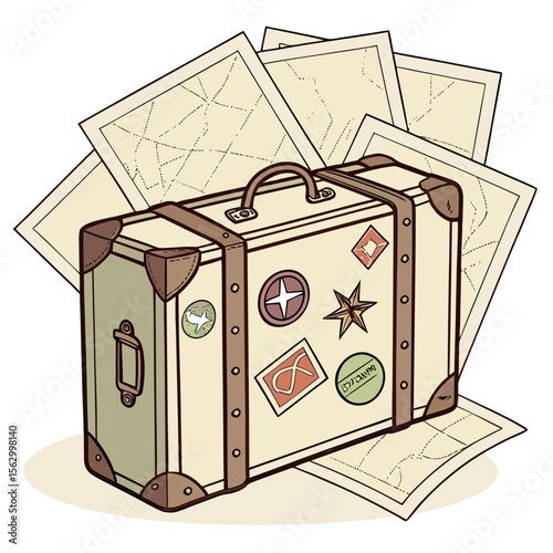 Vintage suitcase adorned with travel stickers sits on top of old maps