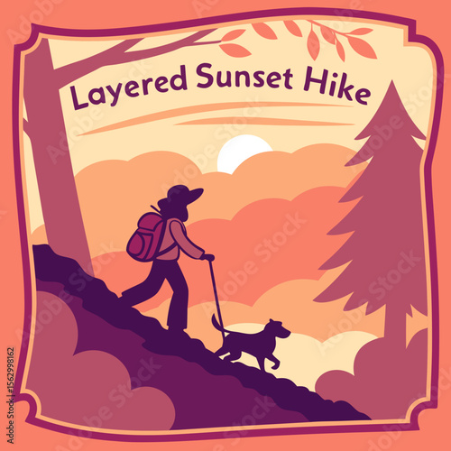 Silhouette of a hiker and dog ascending a mountain trail at sunset
