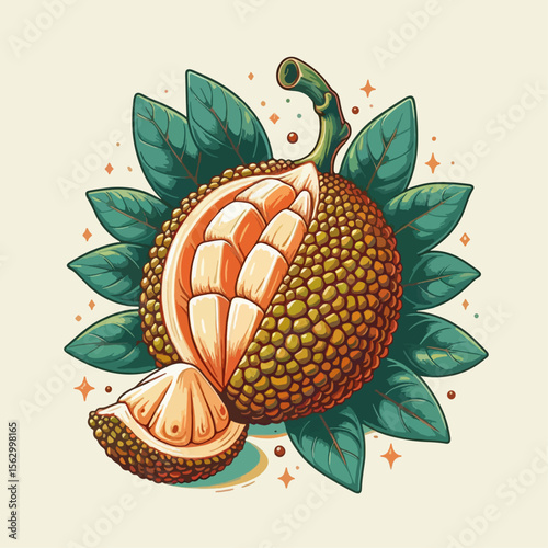 Stylized and colorful illustration of a sliced jackfruit with intricate details.  Tropical foliage and a light background add to the visual appeal.