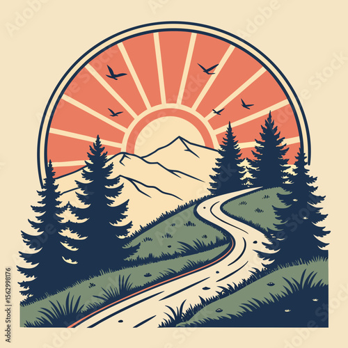 Scenic mountain road winding through pine forest under a rising sun