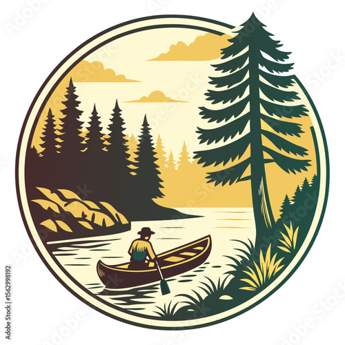 Man paddling a canoe on a serene lake surrounded by pine trees