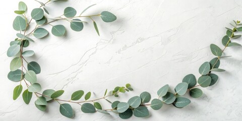 Curved eucalyptus branches with round leaves on a textured white background