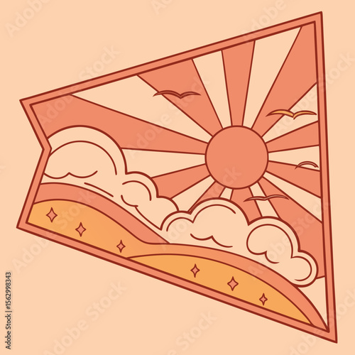 Retro sunset over rolling hills with birds and clouds in a pennant shape
