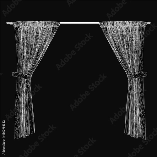 A black and white curtain drawing features intricate line patterns and geometric shapes on a dark background. The minimalist design creates an elegant and artistic visual effect.
