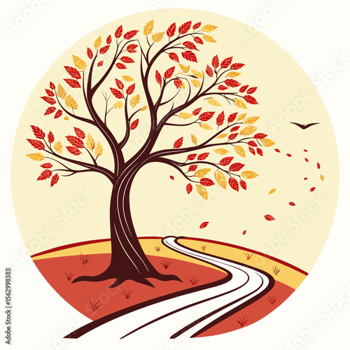 Stylized autumn tree with falling leaves and winding road under a bird