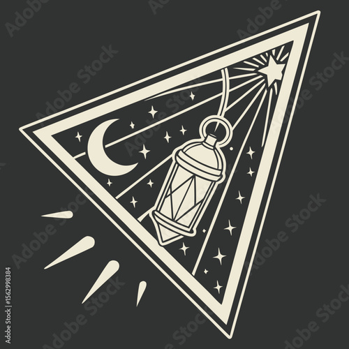 Stylized crescent moon and lantern in a starry night sky frame