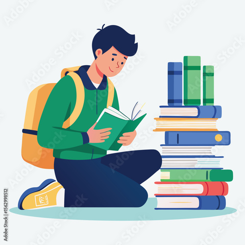 Cartoon illustration of a schoolgirl reading a book in a library