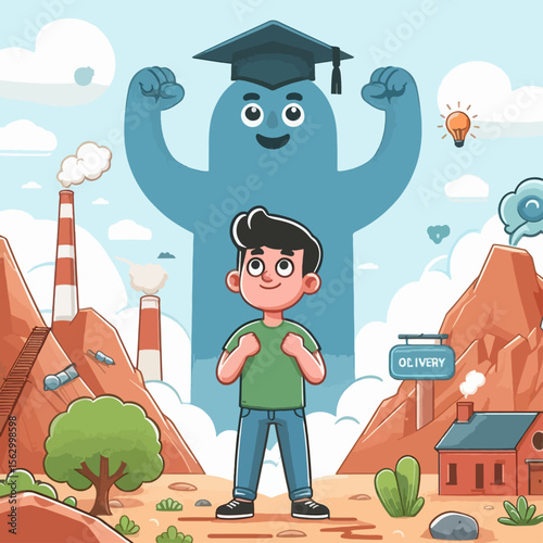 Cartoon boy, standing amidst a desert landscape, faces a large encouraging figure.  This image portrays inspiration and success for young people.