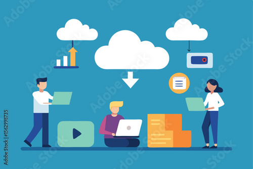 Businessman uses laptop for cloud computing, illustrating a network of people and technology
