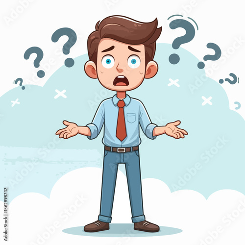 Cartoon drawing of a young man wearing a business shirt and tie, appearing perplexed and confused, surrounded by question marks.  He is depicted against a soft, light blue background.