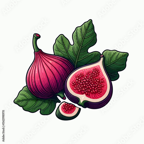Vibrant,  decorative illustration displays whole and sliced figs with lush leaves, rendered in a detailed line art style against a bright white background.