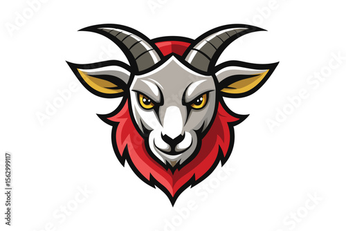 Angry grey goat with golden eyes stares intensely forward on a white background