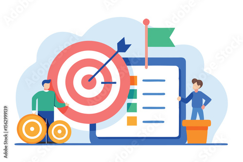 Businessman aiming an arrow at a 3D target icon symbolizing business success and goal achievement