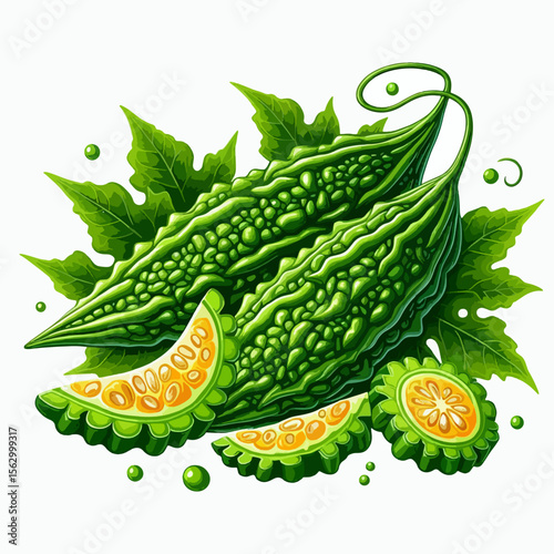 Detailed vector illustration of fresh bitter melon vegetable with slices and leaves on a white background.