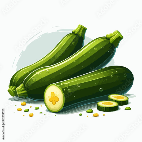 Digital illustration of three green zucchini, one sliced in half, displayed on a white background with drops of water and seeds.