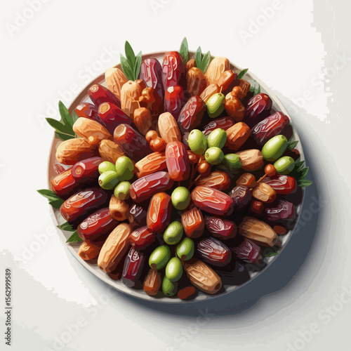 Circular arrangement of various dried dates and small green berries on a white platter.  The platter is presented against a bright background.