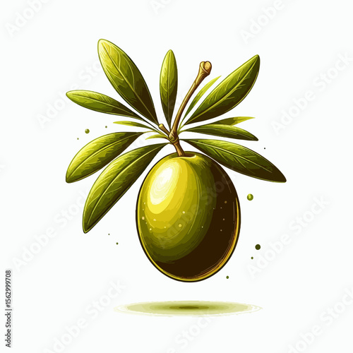 Vibrant, detailed illustration of an olive with leaves on a white background.  The image is digitally rendered with a high degree of realism.