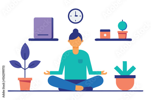 Young woman in a garden with a coffee, working on a computer, or an illustration of a businesswoman in an office, a concept design