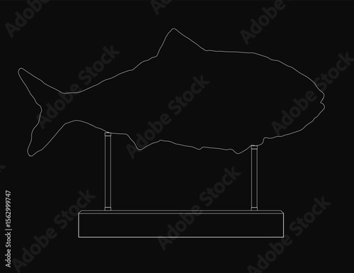 A black and white line drawing of a fish figurine stands out against a dark background. The clean white outline creates striking contrast, emphasizing the simple yet elegant design.