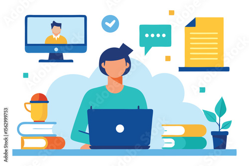 Cartoon vector illustrations of diverse business people working on laptops at their desks, perfect for office and technology-related design concepts