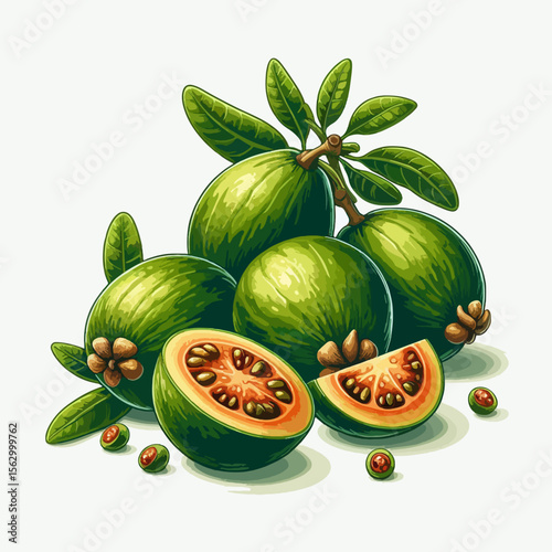 Collection of realistic, vibrant green and orange guavas, whole and halved, with leaves and seeds arranged artistically on a white background.