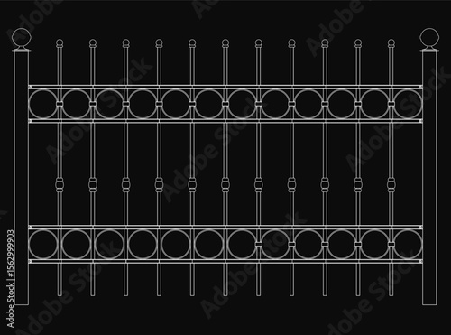 A detailed wrought iron fence features intricate scrollwork and ornate balusters, showcasing classic black metal craftsmanship. The symmetrical railings display elegant curves and decorative finials.