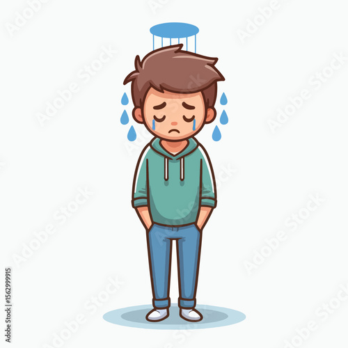 Cartoon depiction of a young person who appears sad and distressed.  Water drops fall from above the character's head.