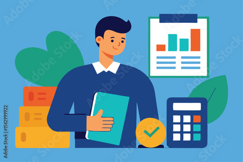 Business concept illustration of a businessman working on a laptop, calculating finances with a calculator, and displaying money
