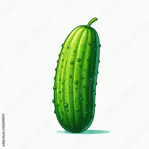 Detailed, colorful illustration of a whole cucumber, showcasing its textures and vibrant green hue against a plain white backdrop.