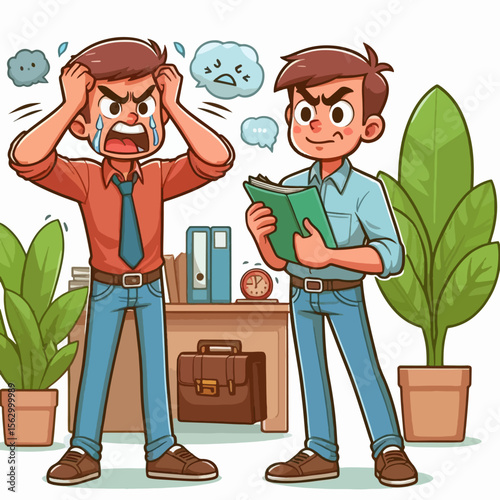 Two cartoon figures in a workplace scenario, one displaying distress, the other focused on a book.  A humorous portrayal of different emotional responses.