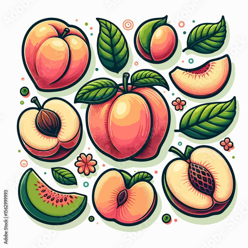 Colorful arrangement of various peach and watermelon pieces, with leaves and blossoms.  The graphic style is cartoon-like with vibrant colors.