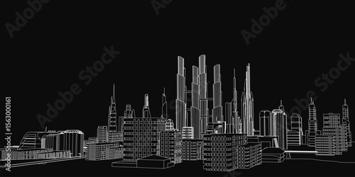 A futuristic city skyline in black and white features towering skyscrapers against a dark background. The detailed drawing emphasizes sharp architectural lines and a sleek urban aesthetic.