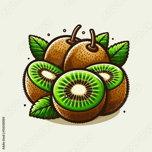 Vibrant graphic design of kiwifruit, featuring slices and whole fruit, with a decorative pattern and leaf accents.
